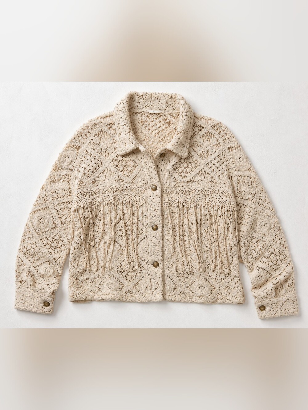 MISS ME CROCHET LACE FRINGE BOHO WESTERN FESTIVAL CREAM SHACKET CARDIGAN LARGE - Picture 2 of 16